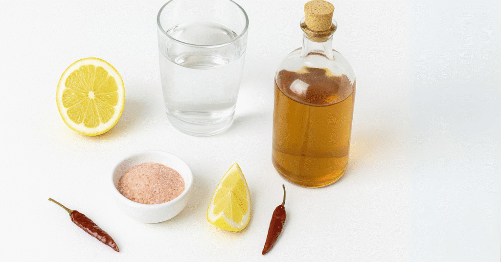 Ingredients for pink salt weight-loss water on white surface