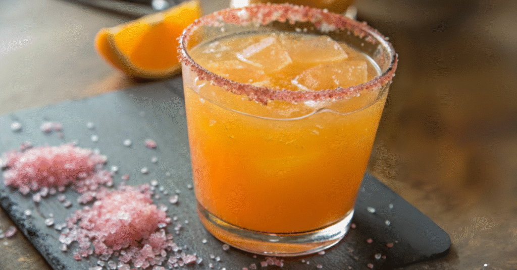 Adrenal Cocktail with pink salt rim and orange juice