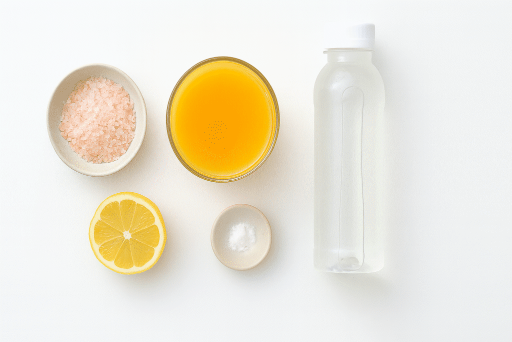 Ingredients for adrenal cocktail laid out on white surface
