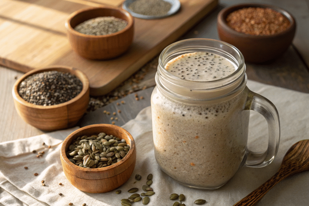 Bariatric Seed Drink Recipe – 4-Seed Powerful Reset for Weight Loss Bariatric seed drink recipe bariatric seed drink recipe in mason jar with chia flax hemp pumpkin
