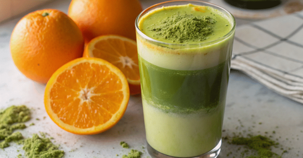 Orange Matcha Latte – Powerful Citrus Boost Orange matcha latte orange matcha latte recipe glass with citrus and matcha