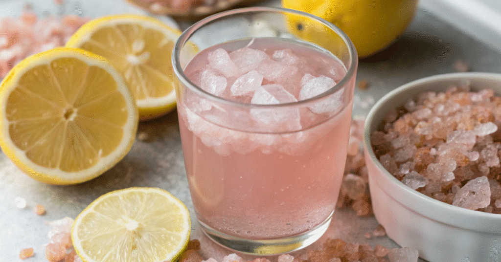 Pink salt weight-loss water with lemon and salt crystals