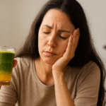 Woman looking tired while holding a glass of Mounjaro drink, asking does Mounjaro make you tired