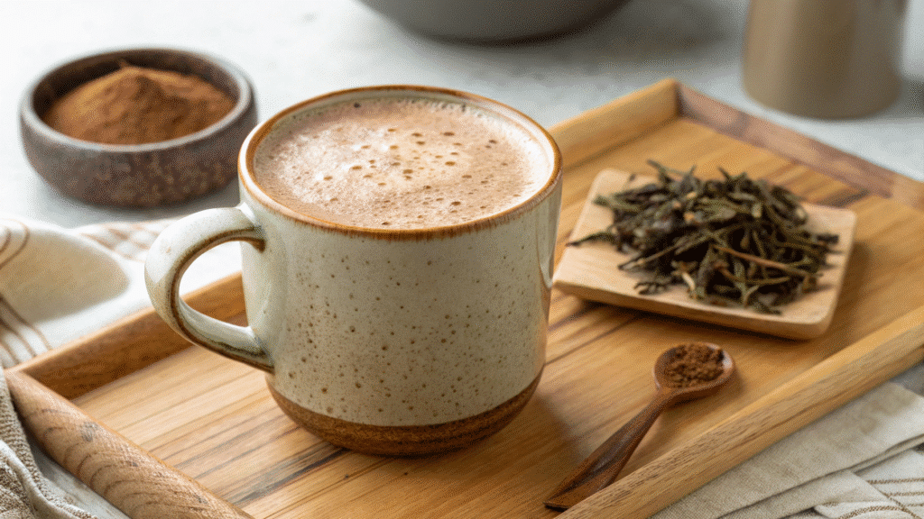 Hojicha Latte Recipe – Smooth Roasted Tea for Calm Energy Hojicha Latte hojicha latte in ceramic mug on wooden tray with roasted tea leaves