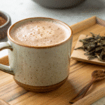 hojicha latte in ceramic mug on wooden tray with roasted tea leaves