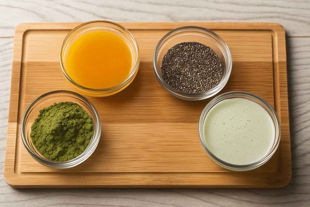 Does Mounjaro Make You Tired? 3 Truths to Feel Better Does Mounjaro make you tired Ingredients for Mounjaro wellness drink arranged in small glass bowls including matcha powder, orange juice, and chia seeds