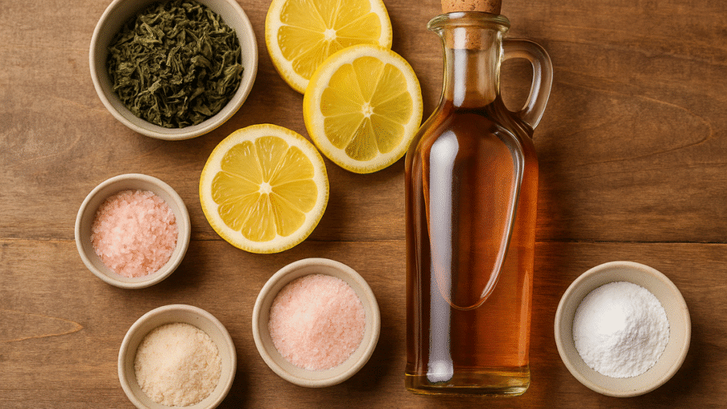 Ingredients for Ozempic tea recipe on a wooden surface