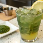 japanese mounjaro drink with lemon and matcha on kitchen counter