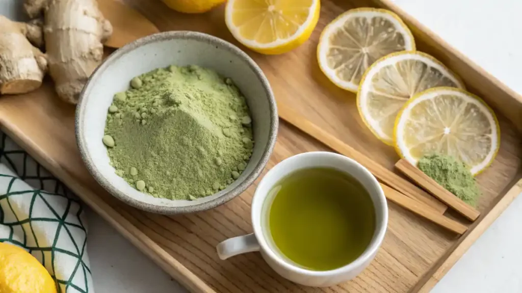 Japanese Mounjaro Drink Guide 2025: Benefits, Recipe & Daily Reset Japanese Mounjaro drink flat lay of japanese mounjaro drink ingredients with matcha, lemon slices, green tea, and ginger on wooden tray