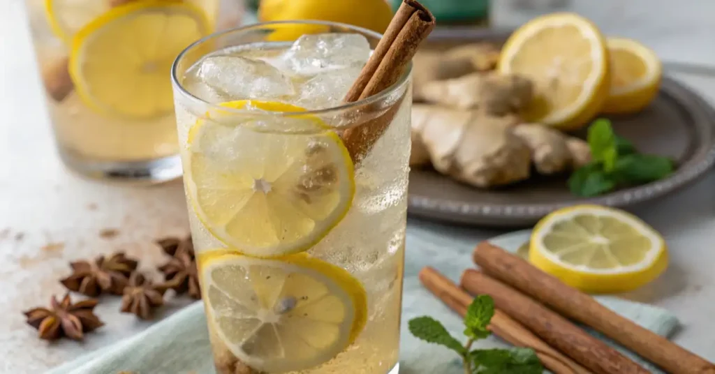 Zepbound Drink Reset in glass with lemon, ginger, cinnamon