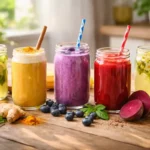 homemade nootropic drinks for brain health with natural ingredients on wooden table