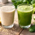 Oatzempic drink recipe with green juice on wooden table